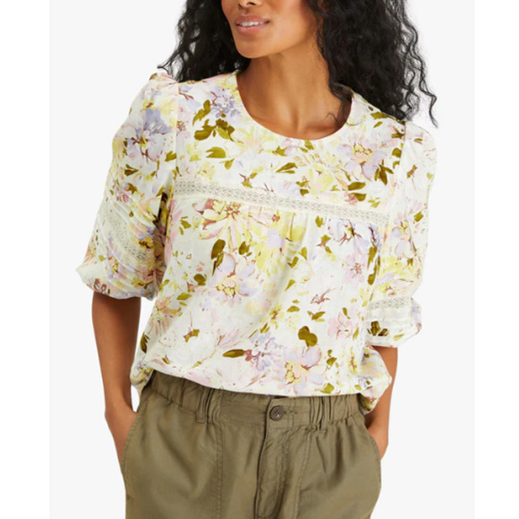 Sanctuary Tops - Sanctuary Linen Blend Top Ivory Eyelet Gathered Keyhole Back Floral 3/4 Sleeve
